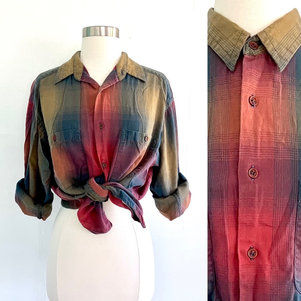 Vintage 80’s earth tone plaid Claiborne button down long sleeve shirt top